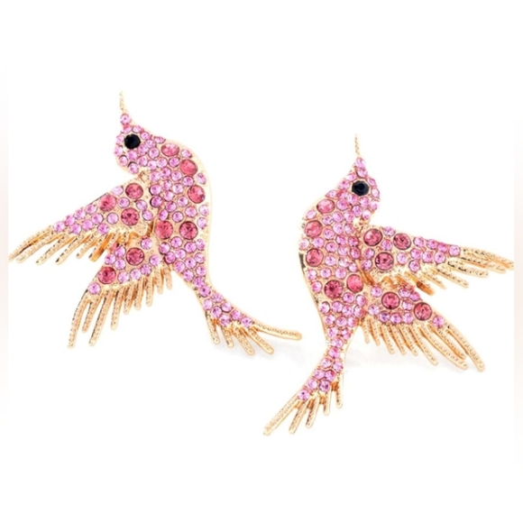 Pink Rhinestone Bird Earrings Hummingbird CZ Pave Crystal Gold Birds Post Style - Picture 6 of 10